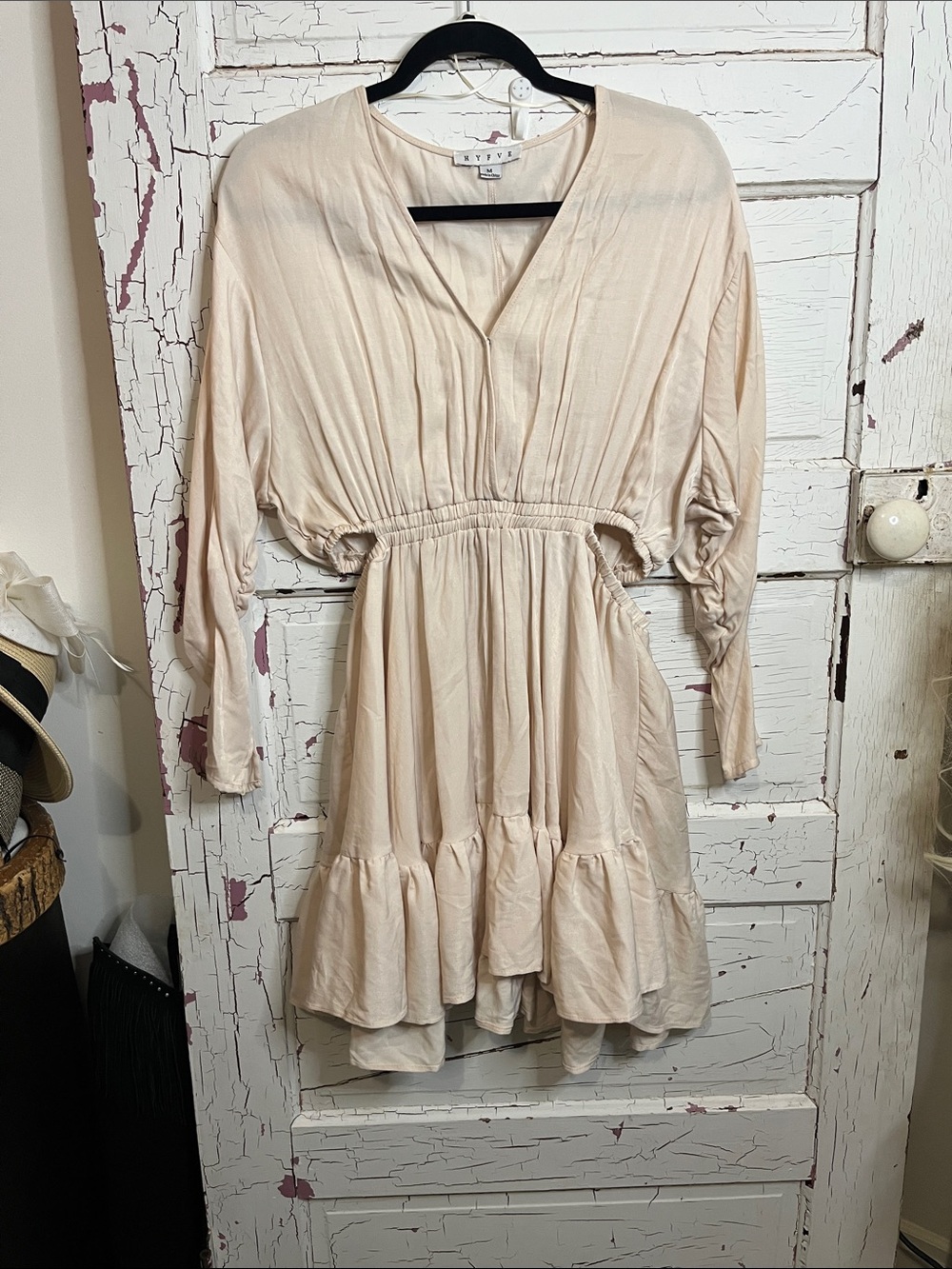 HYFVE Light Beige Tiered V-Neck Mini Dress with side cut outs Sz Med